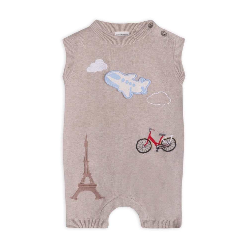 Beige Knit Baby One-Piece Romper with Airplane & Bicycle